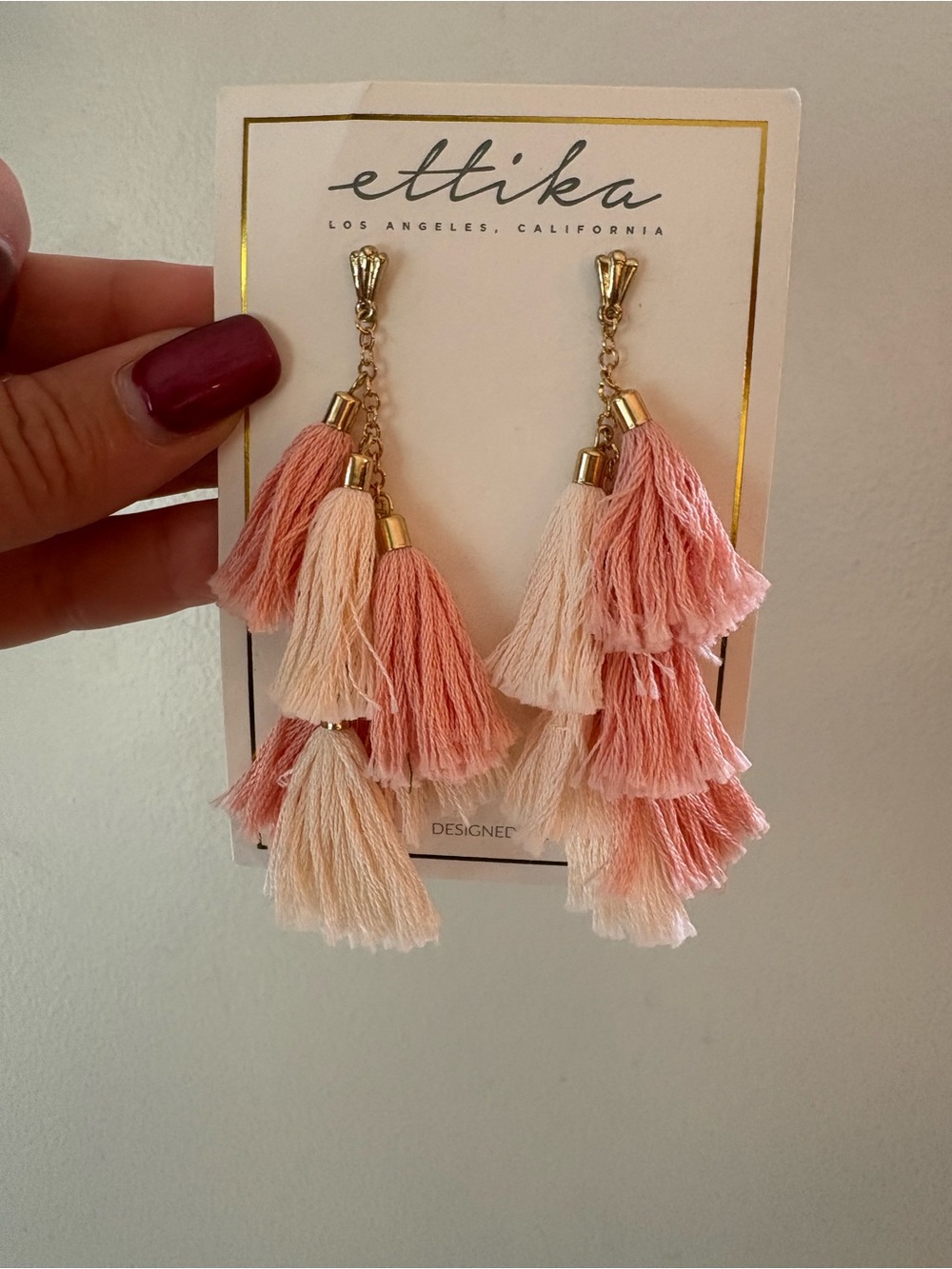 ettika Pink and Cream Layered Tassel Drop Earrings